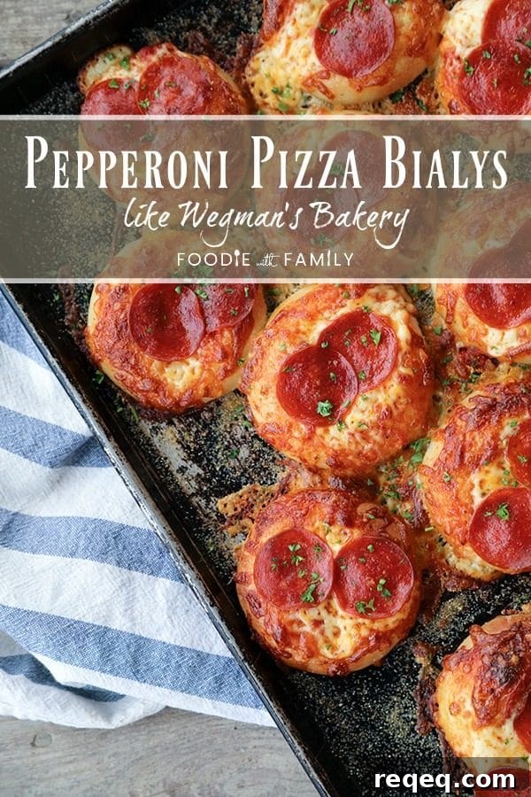 Pepperoni Bialys Recipe: Savory Pizza-Style Baked Rolls 8 Pepperoni Pizza Bialys: fresh-from-the-oven, chewy, bagel-like bread topped with garlic, a hint of pizza sauce and olive oil, melted cheese, and crisp pepperoni.