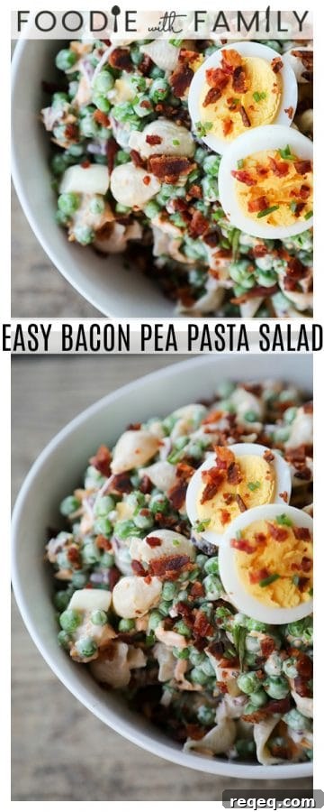 Creamy Bacon and Pea Pasta Salad with Tangy Dressing 5 The sweet pop of tender baby peas, creamy mayonnaise dressing, crunchy mild red onion, chopped hard-boiled eggs, and crispy bacon join forces with shell pasta in your new favourite spring and summer dish: Easy Bacon Pea Pasta Salad.