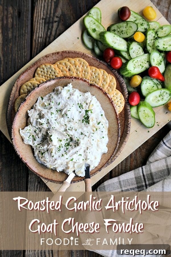 Roasted Garlic and Artichoke Goat Cheese Fondue Bowl 7 Warm, garlicky goat cheese fondue with tender pieces of marinated artichoke heart is perfectly dippable for crackers, vegetables, crusty bread, and pretzels, but it isn’t just a one-trick pony... When it’s room temperature or cold, it makes the most incredible spread for sandwiches.