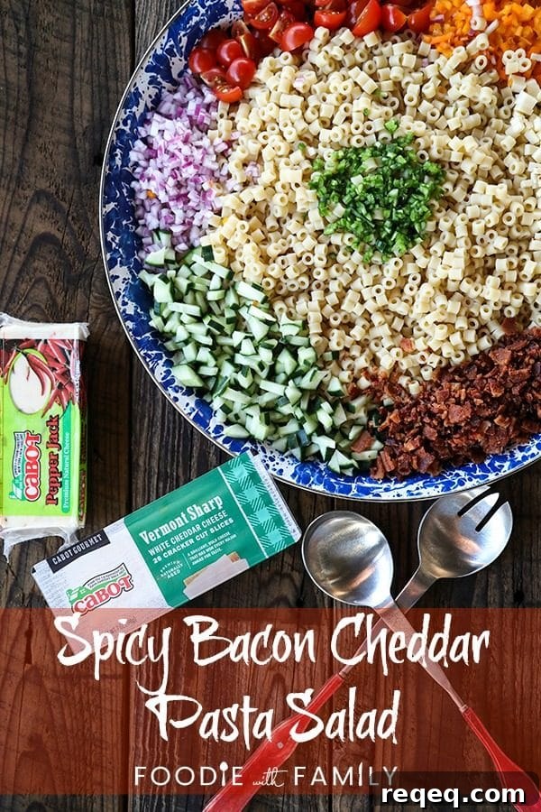 Spicy Bacon Cheddar Pasta Salad Recipe with Creamy Dressing 7 Spicy Bacon Cheddar Pasta Salad : Ditalini, crunchy bell pepper, cucumber, crispy bacon crumbles, tiny cubes of cheese, & a little spice in a creamy dressing.