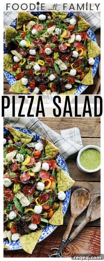 Pizza Salad Recipe: How to Make a Crispy Crust Pizza Salad Bowl 6 Supreme Pizza Salad plated with Parmesan and pesto vinaigrette.