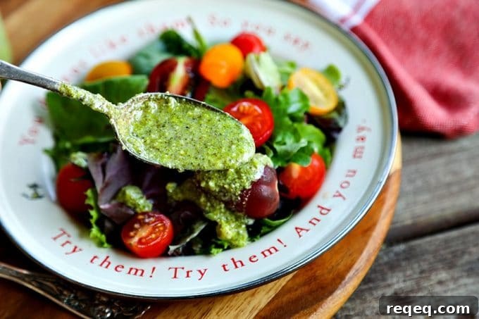 Quick 3-Ingredient Pesto Vinaigrette Dressing Recipe 3 Fresh pesto vinaigrette over salad