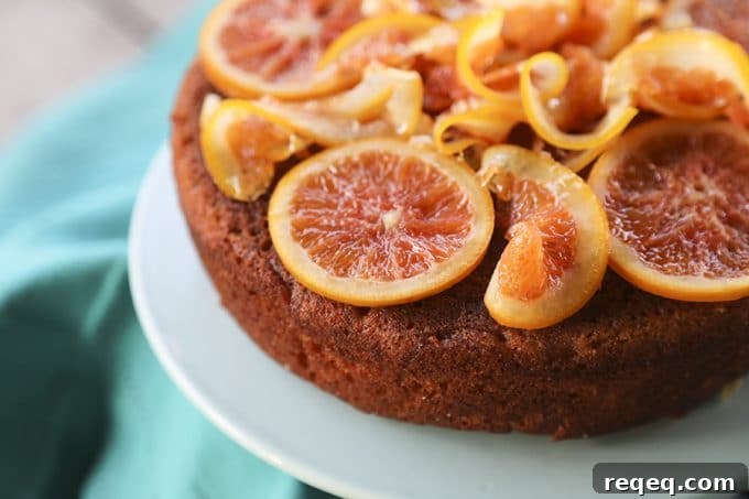 Orange Olive Oil Cake with Candied Oranges is light, has a fine crumb, is perfectly moist but not sopping, is beautifully fragrant of oranges, has just a hint of warm cardamom, and is festooned with thin slices of orange lovingly candied in honey and cardamom syrup.