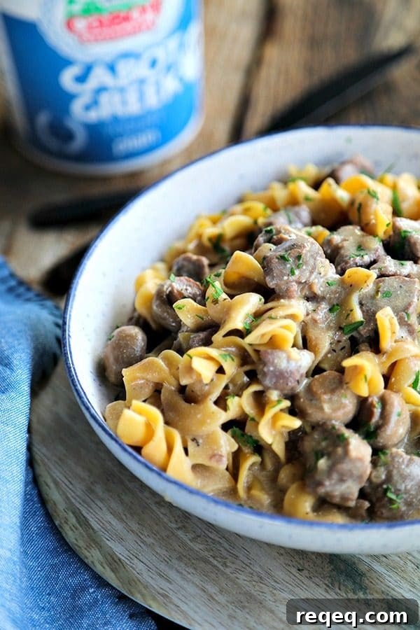 Instant Pot Garlic Beef Stroganoff Recipe 2 Instant Pot Garlic Beef Stroganoff: creamy, extra garlicky, mushroom and onion gravy enrobing tender beef cubes, with perfect pasta all cooked together in the Instant Pot. This has to be one of the most simple, crave-worthy comfort foods ever to be adapted to the world of electric pressure cookers.