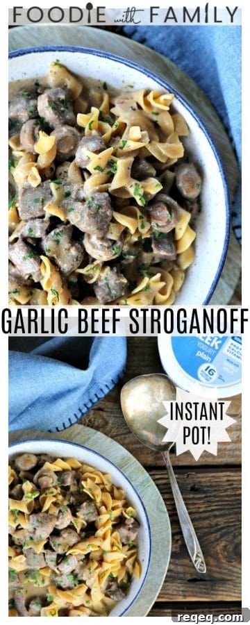 Instant Pot Garlic Beef Stroganoff Recipe 7 Instant Pot Garlic Beef Stroganoff: creamy, extra garlicky, mushroom and onion gravy enrobing tender beef cubes, with perfect pasta all cooked together in the Instant Pot. This has to be one of the most simple, crave-worthy comfort foods ever to be adapted to the world of electric pressure cookers.