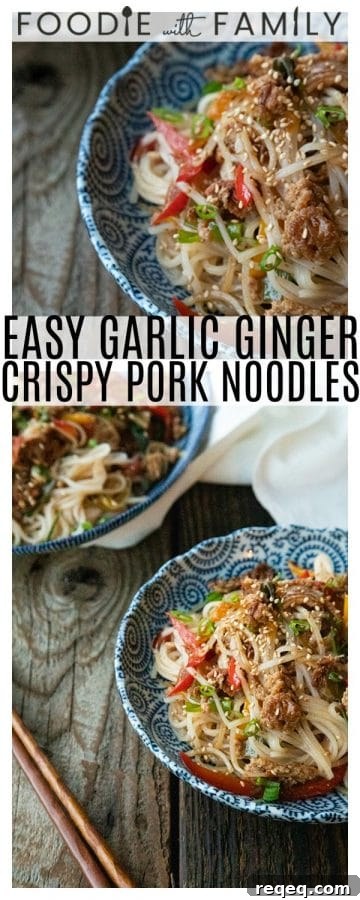 Crispy Pork Noodles with Garlic and Ginger Sauce 5 Easy Garlic Ginger Crisp Pork Noodles are going to be your new favourite dinner. Crazy simple. Crazier delicious. And easy on your pocketbook to boot. This delicious meal-in-one whips up in less than 30 minutes.
