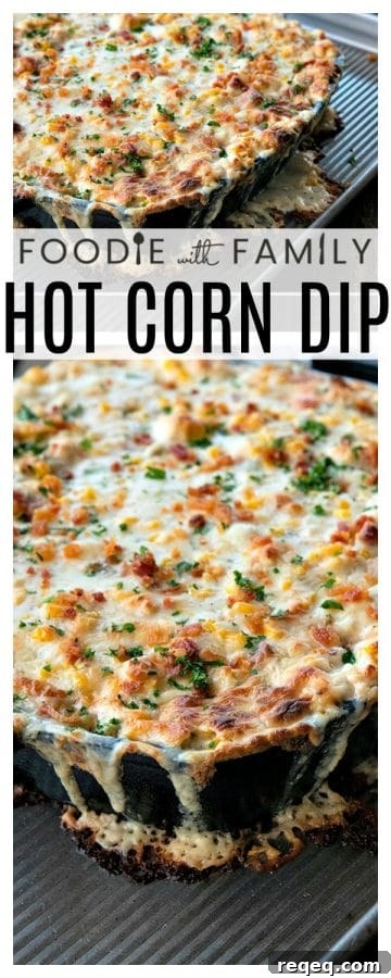 Creamy Baked Corn Dip with Cheesy Jalapeño Topping 7 Hot corn dip is chock full of sweet corn, tender chicken, crispy, smoky bacon, hatch chiles, and green onions in a bubbling, creamy, ranch cheese sauce.