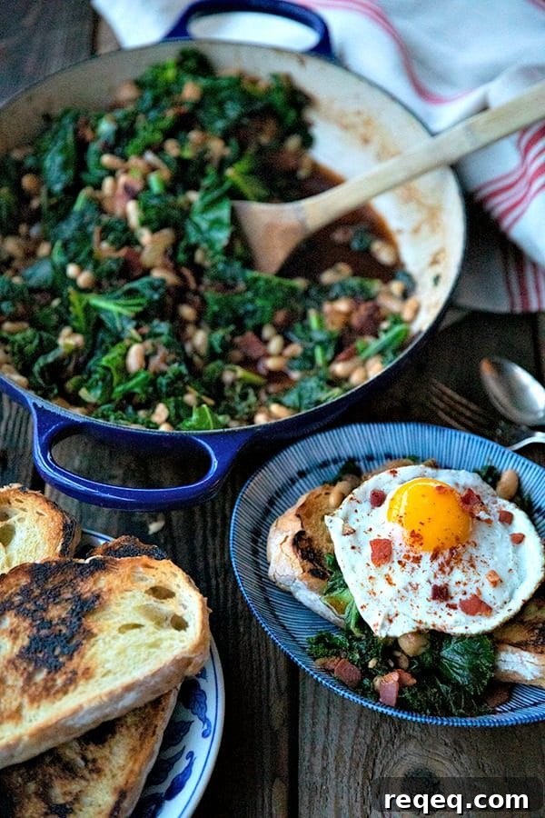 Savory Beans and Greens Recipe for Comforting Weeknight Meals 2 Tender beans and greens, caramelized onions, savoury bacon, sliced garlic, smoked paprika, and a hint of spice, star in this one-pot, low cost, crowd-pleaser served over indulgently thick slices of crunchy-edged, pan toasted garlic bread.