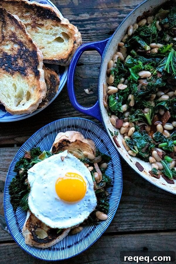 Savory Beans and Greens Recipe for Comforting Weeknight Meals 5 Tender beans and greens, caramelized onions, savoury bacon, sliced garlic, smoked paprika, and a hint of spice, star in this one-pot, low cost, crowd-pleaser served over indulgently thick slices of crunchy-edged, pan toasted garlic bread.