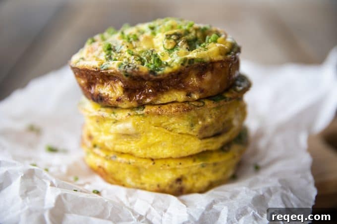 Muffin Tin Eggs; craveable crisped ham, green onions, Cheddar cheese, and egg baked to puffy, golden perfection. These egg muffins are a perfect topper for toasted English muffins or beside a salad for a full, light meal.