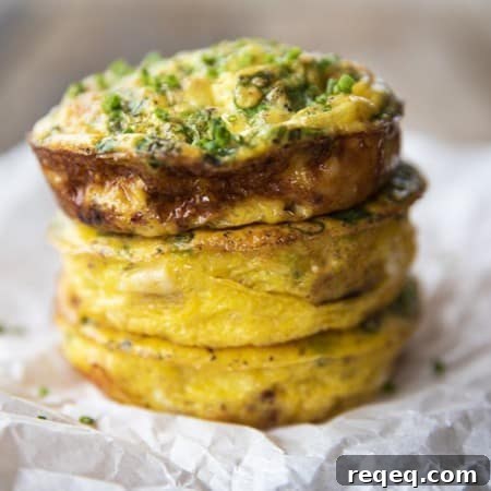 Muffin Tin Eggs; craveable crisped ham, green onions, Cheddar cheese, and egg baked to puffy, golden perfection. These egg muffins are a perfect topper for toasted English muffins or beside a salad for a full, light meal.