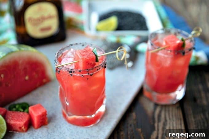 Spicy Watermelon Margarita (Sandía en Fuego Cocktail) 4 Pretty pink Watermelon Margaritas are refreshing, thirst quenching, lightly sweet cocktails for any time you need to cool down and chill out.