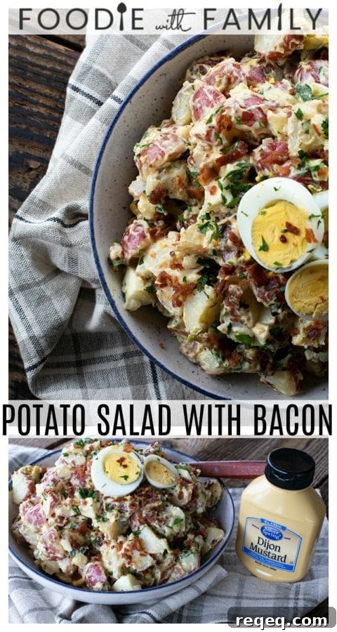 This next level potato salad has a full pound of crispy bacon, a creamy dressing with a hint of Dijon mustard, fresh herbs, hard boiled eggs, and tender potatoes. It's sure to be your new favourite potato salad for grilling and picnic season.