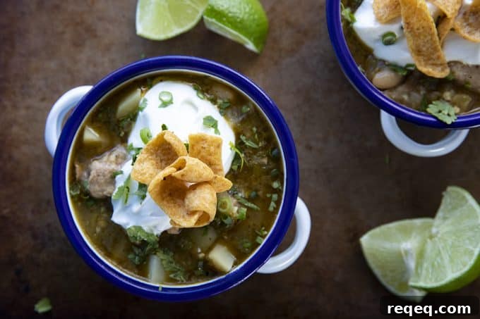 PORK GREEN CHILI IN A WHITE ENAMEL BOWL WITH A BLUE RIM AND HANDLES