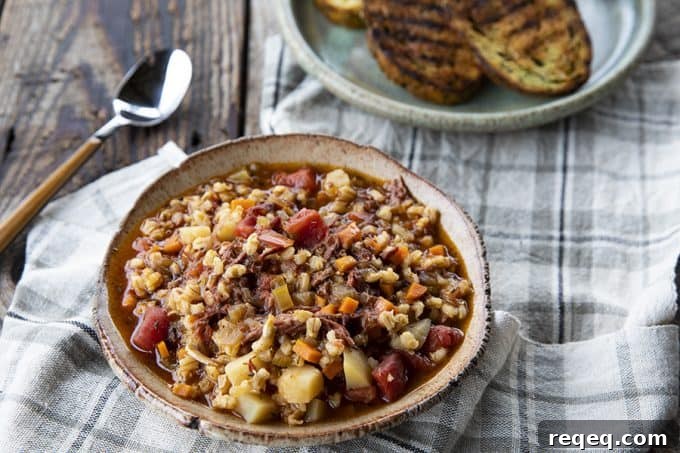 Hearty Vegetable Beef and Barley Soup Recipe 5 Slow Cooker Beef Barley Soup is hearty and comforting, easy to make, and incredibly delicious! It's absolutely bursting with tender beef, good-for-you vegetables, and flavourful, plump barley.