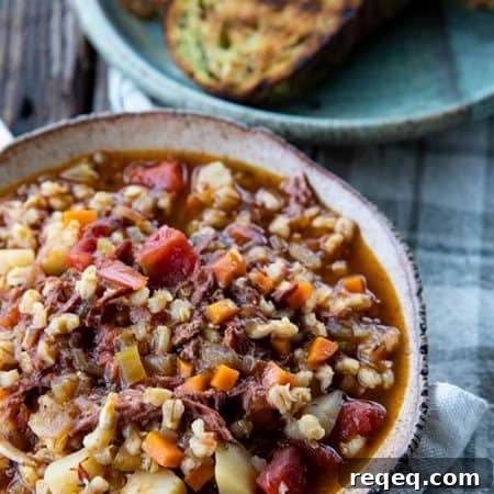 Hearty Vegetable Beef and Barley Soup Recipe 8 Slow Cooker Beef Barley Soup is hearty and comforting, easy to make, and incredibly delicious! It's absolutely bursting with tender beef, good-for-you vegetables, and flavourful, plump barley.