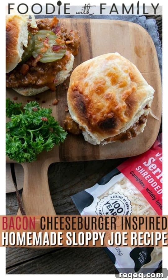 Classic Homemade Sloppy Joes Recipe for Juicy Sandwiches 6 rich tomato gravy with melted Cabot cheese and crispy chopped bacon on a toasted bun with dill pickles