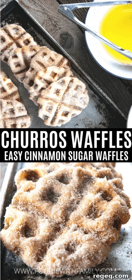 Crispy edged, cinnamon-sugar dusted Churros Waffles are 100% irresistible and ridiculously easy to make, taking advantage of frozen dough for the base. Bonus: No boiling oil!