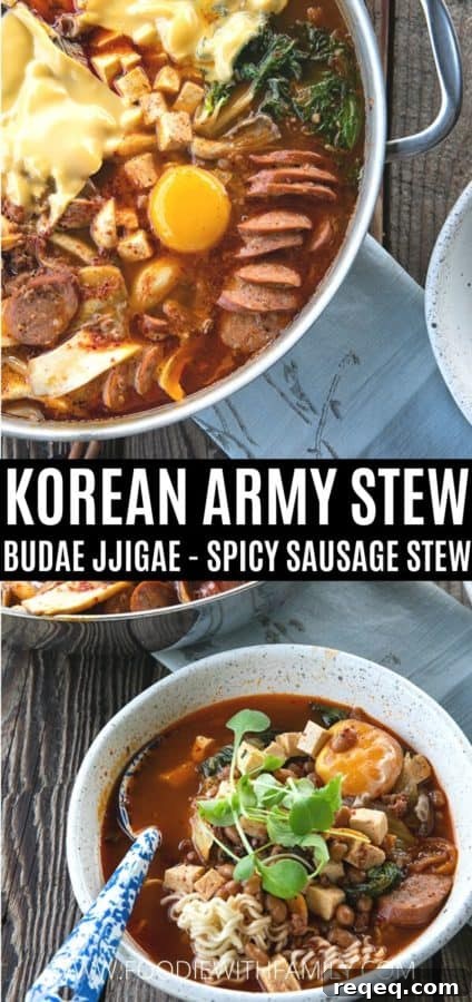 Budae Jjigae (Korean Army Stew): Spicy Sausage Hot Pot 7 Korean Army Stew or Budae Jjigae in a pan and in a bowl with a blue linen