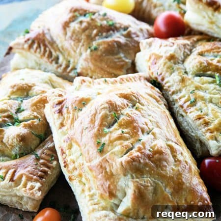 Cheesy Egg & Sausage Breakfast Pockets: Homemade Pastry Recipe 6 Breakfast Hot Pockets: puff pastry filled with cheesy scrambled eggs and sausage links on a cutting board with cherry tomatoes.
