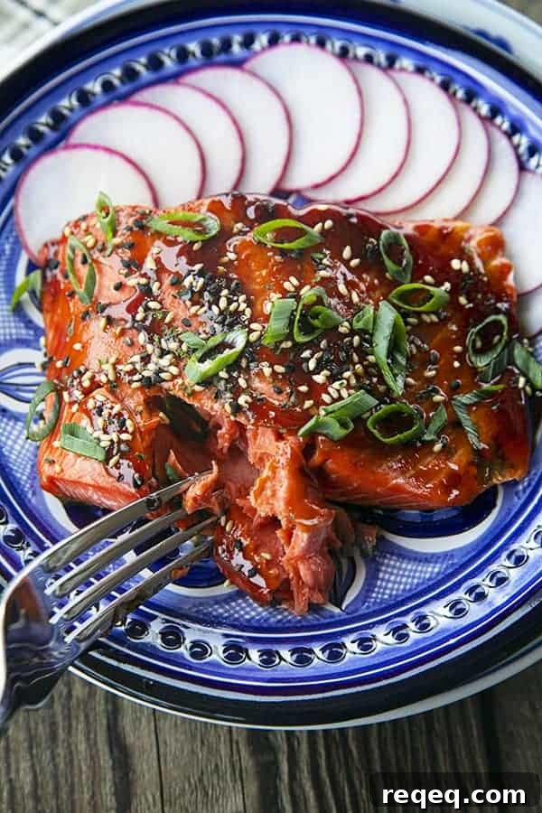 Air Fryer Salmon: Crispy, Tender Salmon in 12 Minutes 5 Glazed Salmon with sesame seeds and green onions, radishes, on a blue and white plate