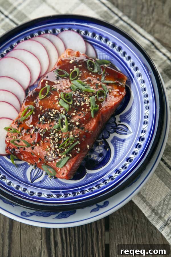 Air Fryer Salmon: Crispy, Tender Salmon in 12 Minutes 6 Glazed Salmon with sesame seeds and green onions, radishes, on a blue and white plate