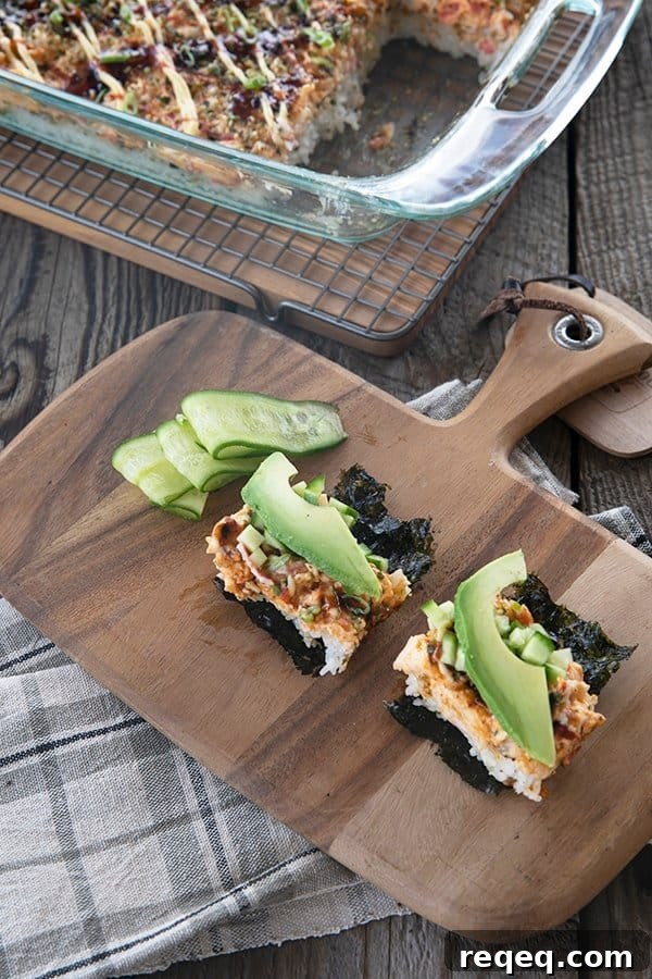 California Roll Sushi Bake Recipe: Creamy Baked Sushi Casserole 2 Sushi Bake rice topped with creamy crab layer and sauce serve on toasted nori