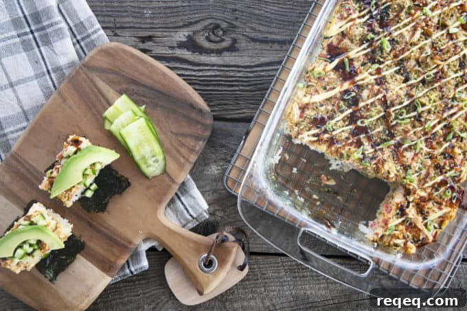 California Roll Sushi Bake Recipe: Creamy Baked Sushi Casserole 6 Sushi Bake rice topped with creamy crab layer and sauce serve on toasted nori