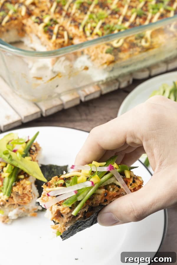 Creamy Baked Salmon Sushi Casserole: Flavorful Family Recipe 3 Baked Salmon Sushi satisfies your cravings for Philadelphia Roll sushi with a fraction of the work and cost. Whether you make it for a special busy weeknight meal or a party, it never lasts for very long!
