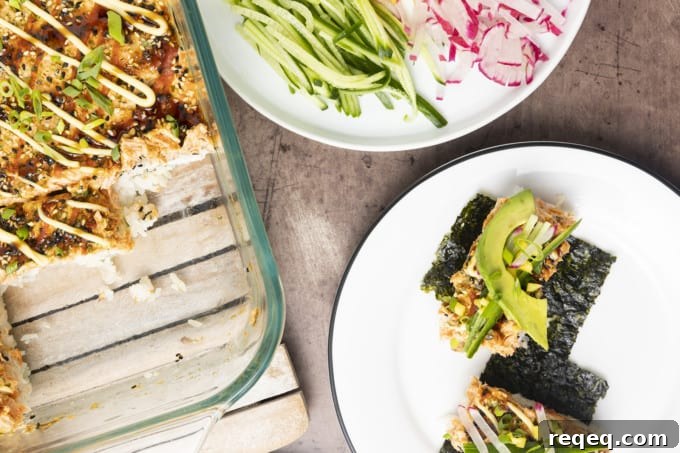 Creamy Baked Salmon Sushi Casserole: Flavorful Family Recipe 4 Baked Salmon Sushi satisfies your cravings for Philadelphia Roll sushi with a fraction of the work and cost. Whether you make it for a special busy weeknight meal or a party, it never lasts for very long!