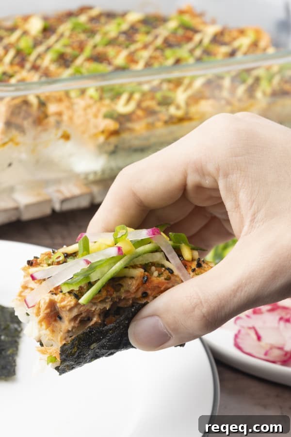 Creamy Baked Salmon Sushi Casserole: Flavorful Family Recipe 5 Baked Salmon Sushi satisfies your cravings for Philadelphia Roll sushi with a fraction of the work and cost. Whether you make it for a special busy weeknight meal or a party, it never lasts for very long!