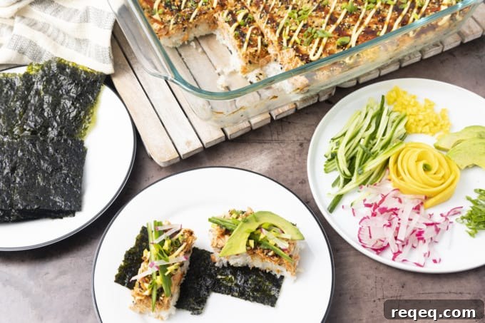 Creamy Baked Salmon Sushi Casserole: Flavorful Family Recipe 6 Baked Salmon Sushi satisfies your cravings for Philadelphia Roll sushi with a fraction of the work and cost. Whether you make it for a special busy weeknight meal or a party, it never lasts for very long!
