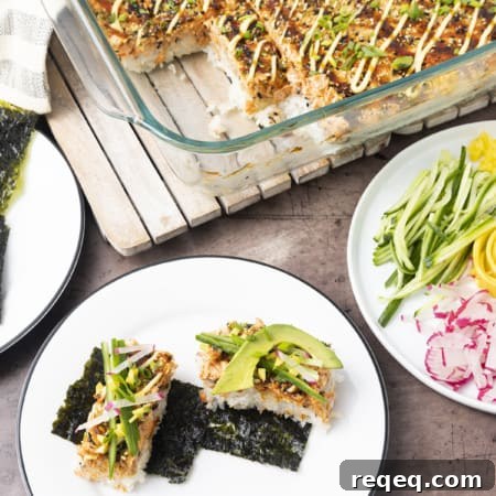 Creamy Baked Salmon Sushi Casserole: Flavorful Family Recipe 8 Baked Salmon Sushi satisfies your cravings for Philadelphia Roll sushi with a fraction of the work and cost. Whether you make it for a special busy weeknight meal or a party, it never lasts for very long!