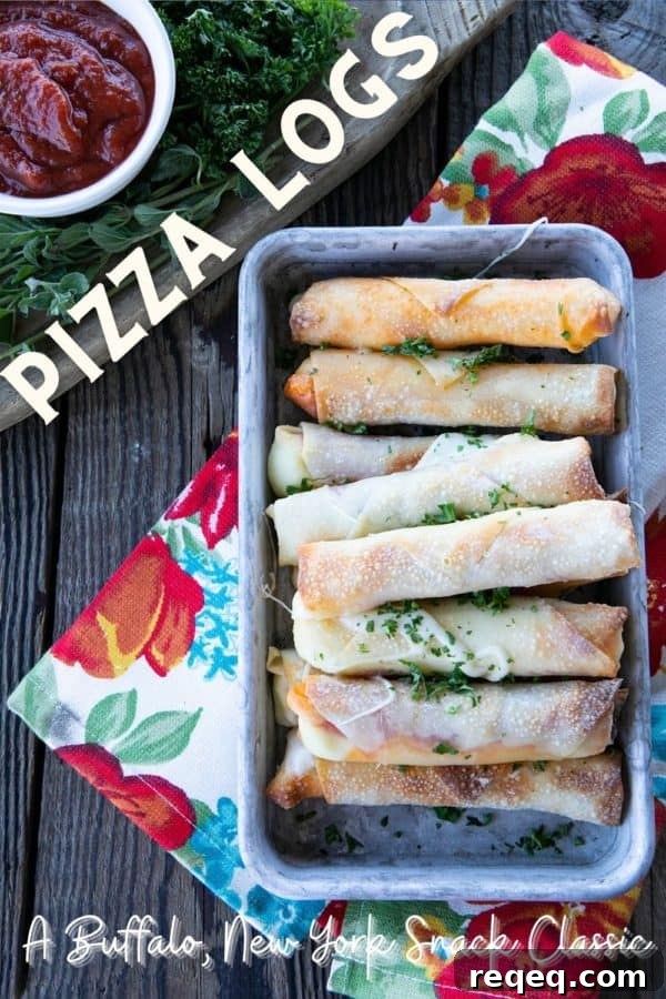 Buffalo Pizza Logs: Classic New York Snack Recipe 9 Pizza Logs are crispy, crunchy egg rolls filled with gooey, melted mozzarella cheese and garlicky pepperoni. Whether you whip these up in your air fryer, oven, or in a frying pan, you'll want these not just for game day, but all the time!