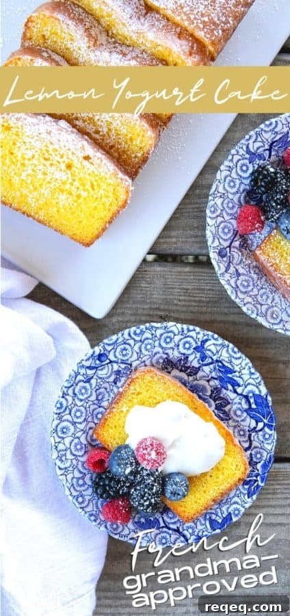 Classic French Yogurt Cake Recipe for Moist, Homemade Dessert 10 French Grandma lemon yogurt cake with berries, powdered sugar, and yogurt on a blue and white plate with a white linen with text that reads "french grandma-approved"