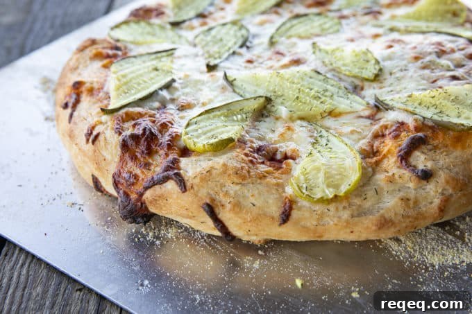 Crispy Pickle Pizza Recipe: Tangy Dill & Mozzarella Pizza 2 Creamy garlic dill sauce, molten cheese, and a scandalous amount of garlicky dill pickles make this Pickle Pizza a memorable, delicious, and habit forming departure from your average pizza. Make with homemade pizza dough or store-bought dough, but do make it!