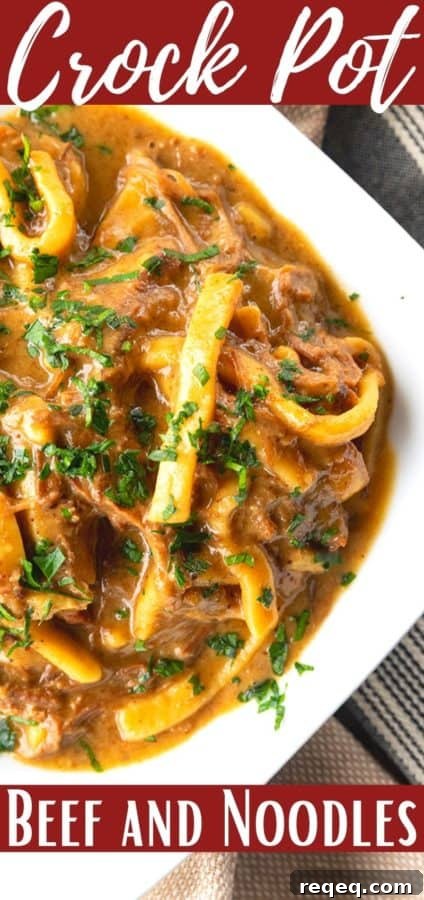 Slow Cooker Beef and Noodles Recipe for Comforting Weeknight Meals 8 crock pot beef and noodles in a white square bowl on linens