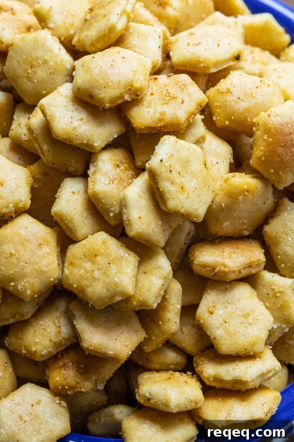 Old Bay Seasoned Oyster Crackers in a blue and white bowl with a canister of Old Bay Seasoning.