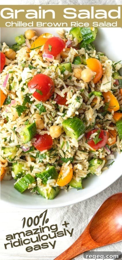 Ultimate Grain Salad Recipes for Flavorful Meal Prep 7 This delightful chilled Grain Salad is chock full of nutty brown rice, herbs, garbanzo beans, cucumbers, tomatoes, feta cheese, and red onions with a simple olive oil and lemon juice dressing. Make a batch of this to stash in the fridge and lunch is in the bag all week!