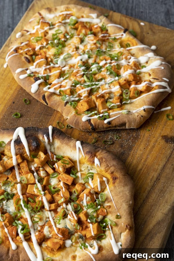 Tender cubes of Spicy Buffalo chicken, blue cheese crumbles or another cheese of your choice, thinly sliced green onions, and a drizzle of blue cheese dressing or ranch dressing top flatbread proving that great food doesn't have to be complicated! Buffalo Chicken Flatbread is equally fabulous as a great appetizer for game day or as an easy dinner.