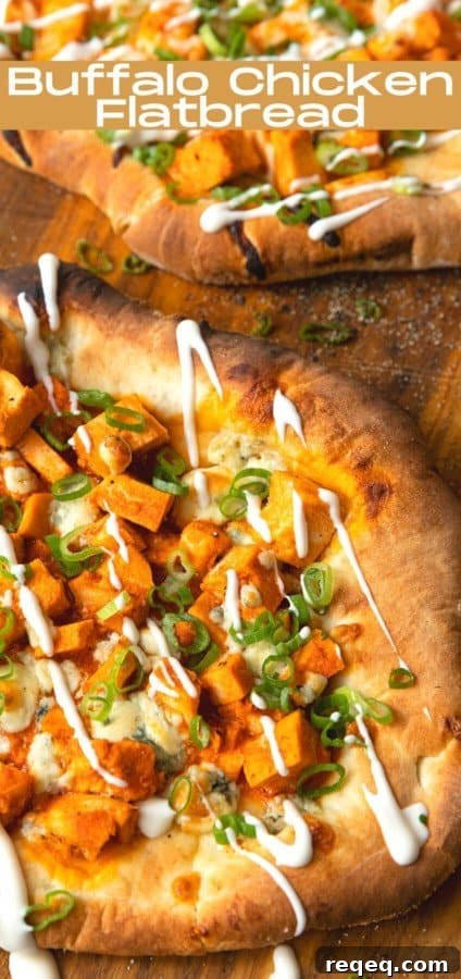 Tender cubes of Spicy Buffalo chicken, blue cheese crumbles or another cheese of your choice, thinly sliced green onions, and a drizzle of blue cheese dressing or ranch dressing top flatbread proving that great food doesn't have to be complicated! Buffalo Chicken Flatbread is equally fabulous as a great appetizer for game day or as an easy dinner.