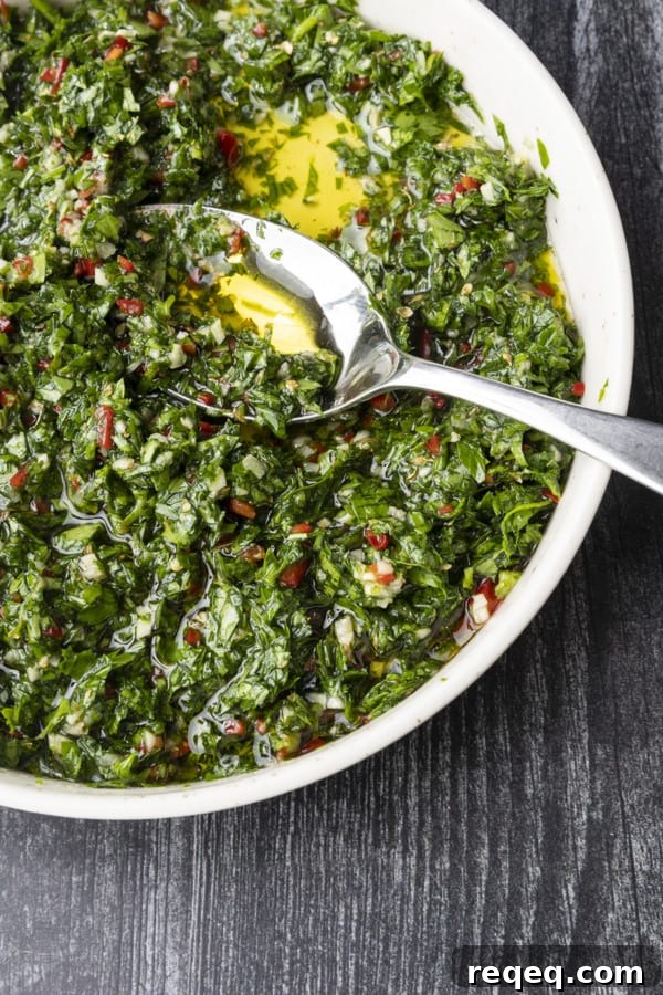 This Argentinian style chimichurri sauce recipe is one of the most versatile and flavourful sauces around. Traditionally served with grilled steak and sausages, this fresh herb and garlic sauce is also incredible with chicken, fish, vegetables, meatballs, potatoes, and so much more!