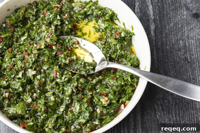 This Argentinian style chimichurri sauce recipe is one of the most versatile and flavourful sauces around. Traditionally served with grilled steak and sausages, this fresh herb and garlic sauce is also incredible with chicken, fish, vegetables, meatballs, potatoes, and so much more!