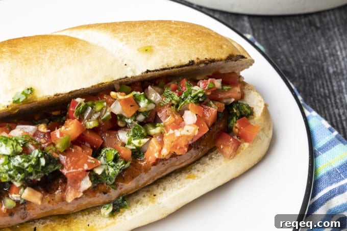 Choripan close-up with chimichurri and salsa a la criolla