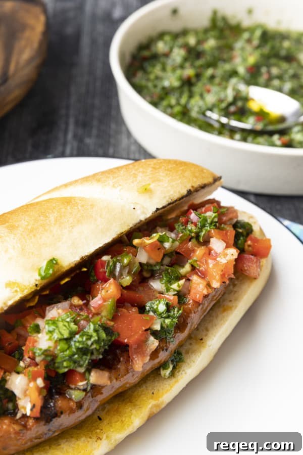 Finished choripan with chimichurri and salsa