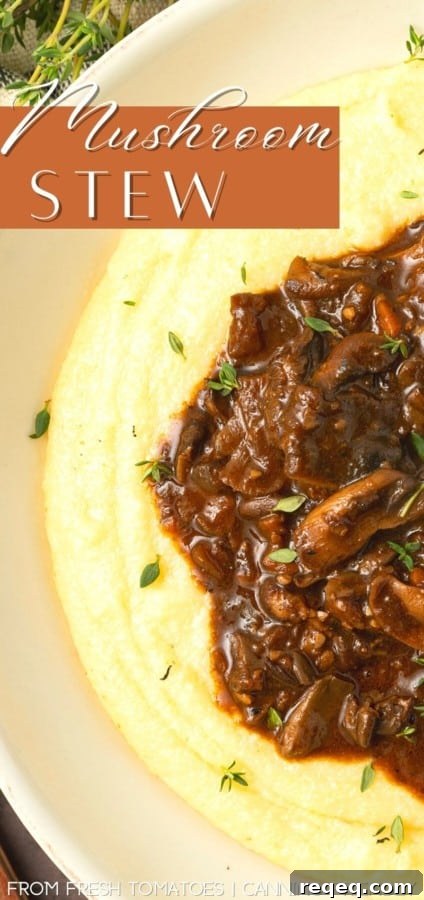 Hearty Mushroom Stew Recipe for Cozy Weeknight Dinners 8 Mushroom stew over polenta in a pottery bowl with thyme nearby.