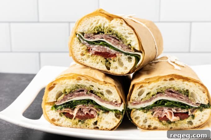 Classic Salami Sandwich Recipes for Quick, Flavorful Lunches 2 Pressed salami baguette stuffed with salamis, roasted red pepper, pesto, provolone, basil, and dressed arugula.