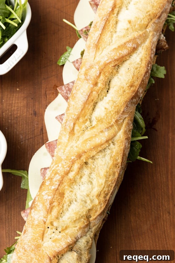 Classic Salami Sandwich Recipes for Quick, Flavorful Lunches 3 Long pressed salami baguette on a board.