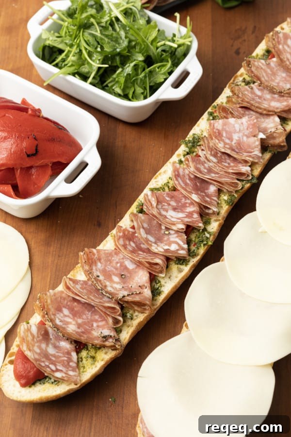 Classic Salami Sandwich Recipes for Quick, Flavorful Lunches 6 Sliced pressed baguette arranged on a board.