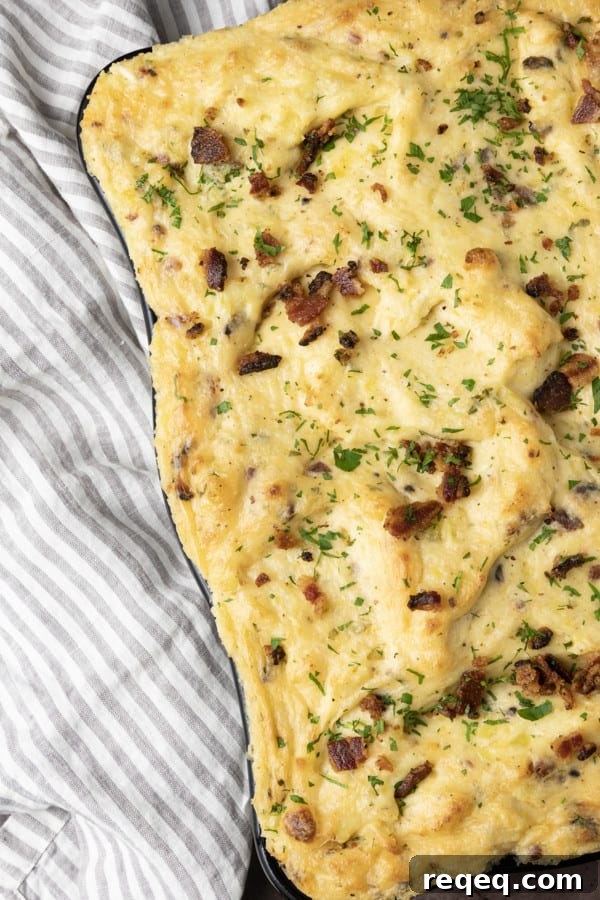 Crispy Twice-Baked Mashed Potatoes Recipe for the Oven 3 Get ready to dig into a baking dish filled with piping hot, irresistibly golden crusted, super creamy Twice Baked Mashed Potatoes. This make-ahead perfect side dish combines everything you love about creamy mashed potatoes, baked and twice baked potatoes; grated cheese, sour cream, crispy bacon, fresh herbs, and a whisper thin crispy crust at the edges. The only thing better than the taste of Twice Baked Mashed Potatoes casserole is its convenience. You can make it up to three days ahead of time and reheat before serving or you can make it, wrap it tightly, and freeze it for up to a month.